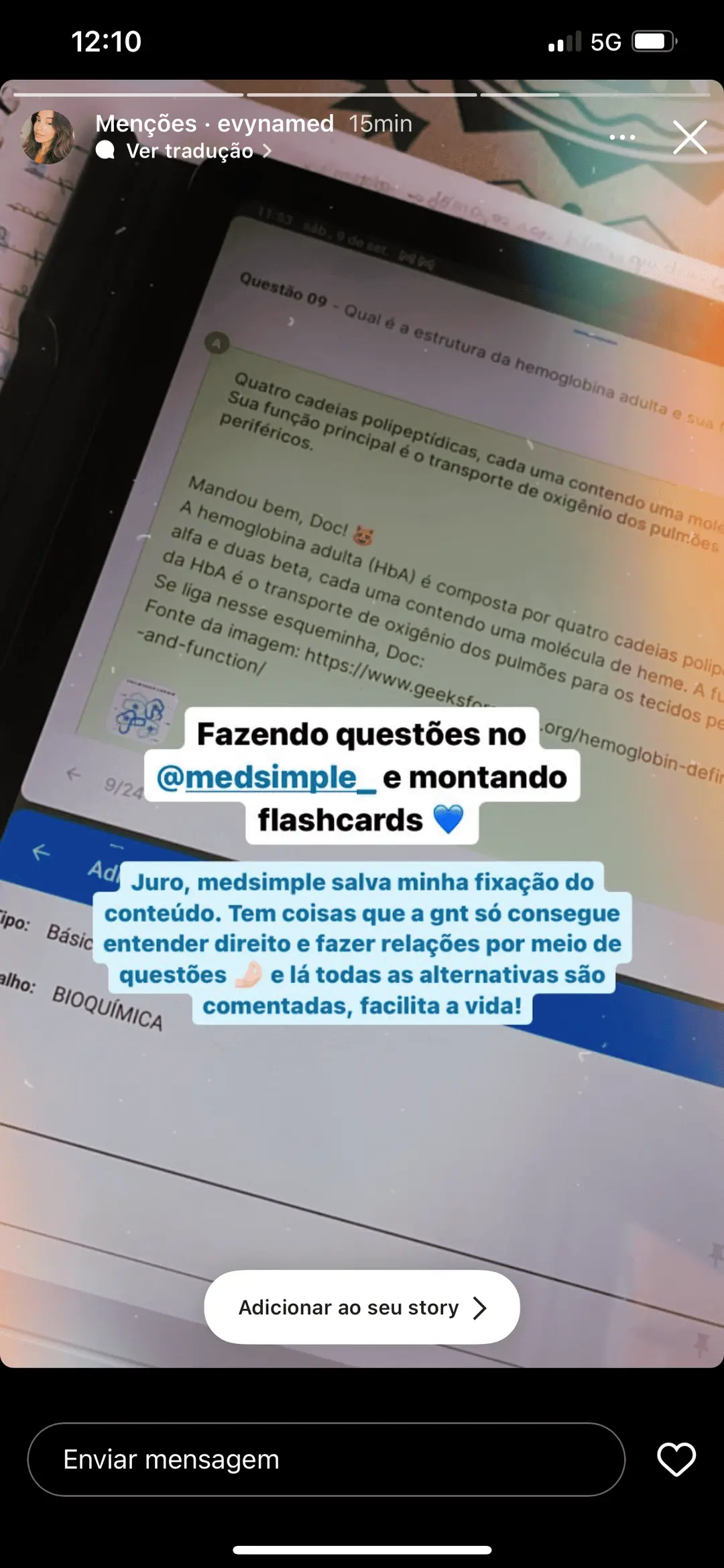 Relato de aluna sobre fixação do conteúdo com questões comentadas e flashcards